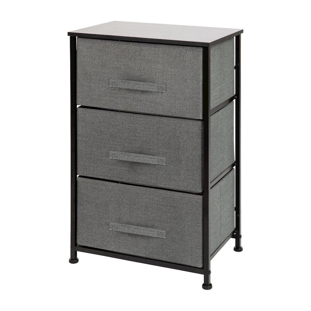 3 Drawer Wood Top BlackFrame Vertical Storage Dresser with Dark Gray Drawers. Picture 1