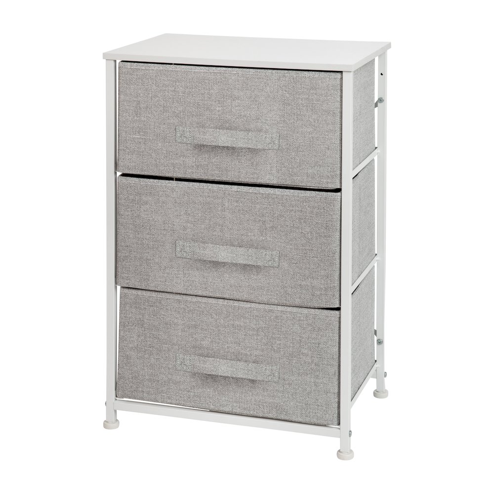 3 Drawer Wood Top WhiteFrame Vertical Storage Dresser with Light Gray Drawers. Picture 1