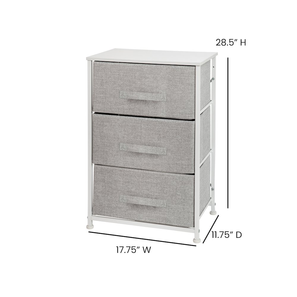3 Drawer Wood Top WhiteFrame Vertical Storage Dresser with Light Gray Drawers. Picture 5