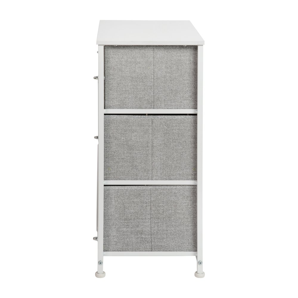 3 Drawer Wood Top WhiteFrame Vertical Storage Dresser with Light Gray Drawers. Picture 8