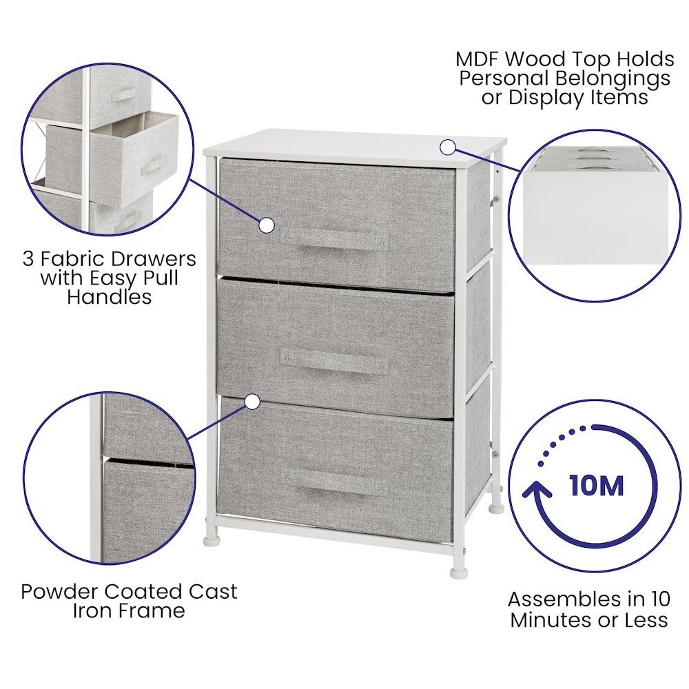 3 Drawer Wood Top WhiteFrame Vertical Storage Dresser with Light Gray Drawers. Picture 4