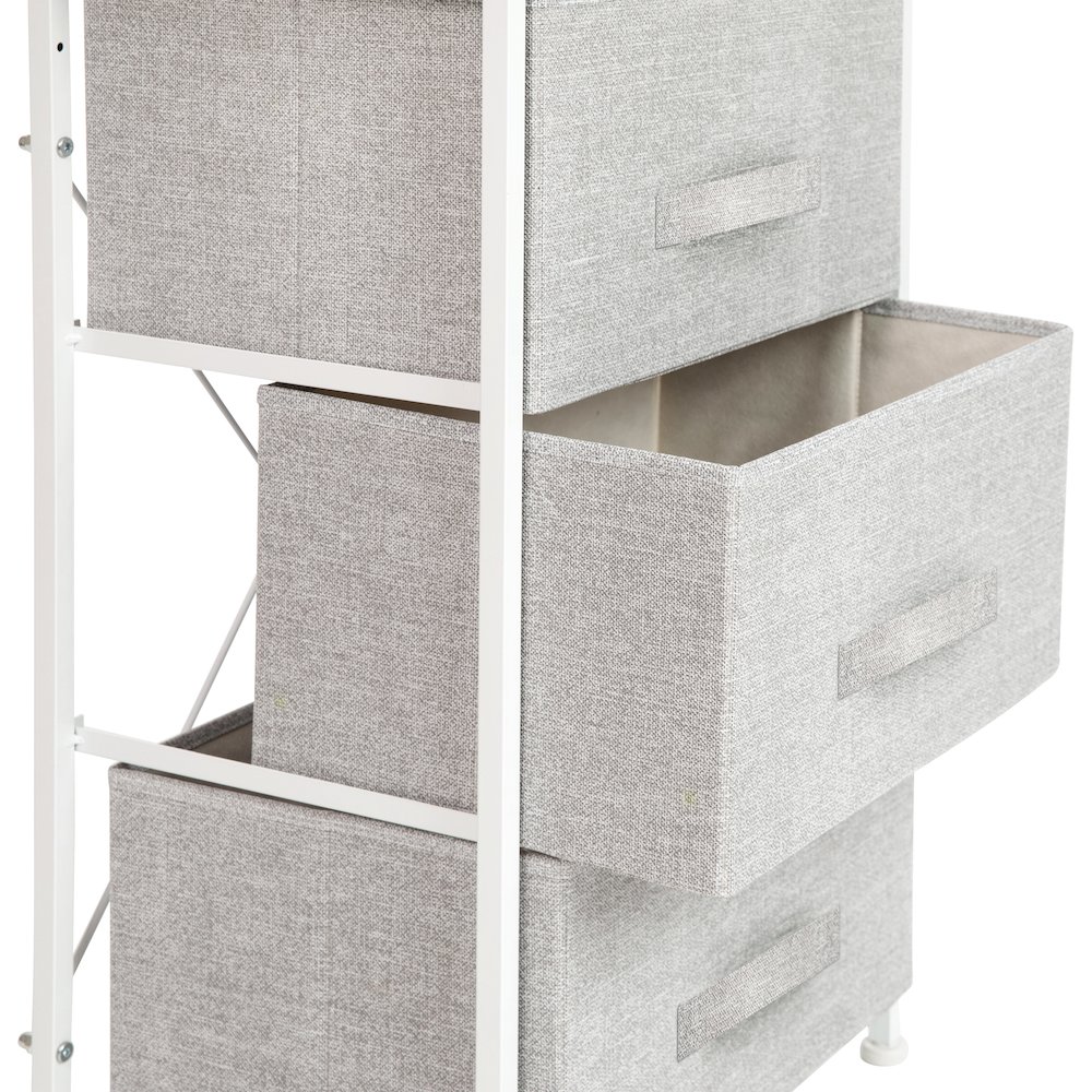 3 Drawer Wood Top WhiteFrame Vertical Storage Dresser with Light Gray Drawers. Picture 7
