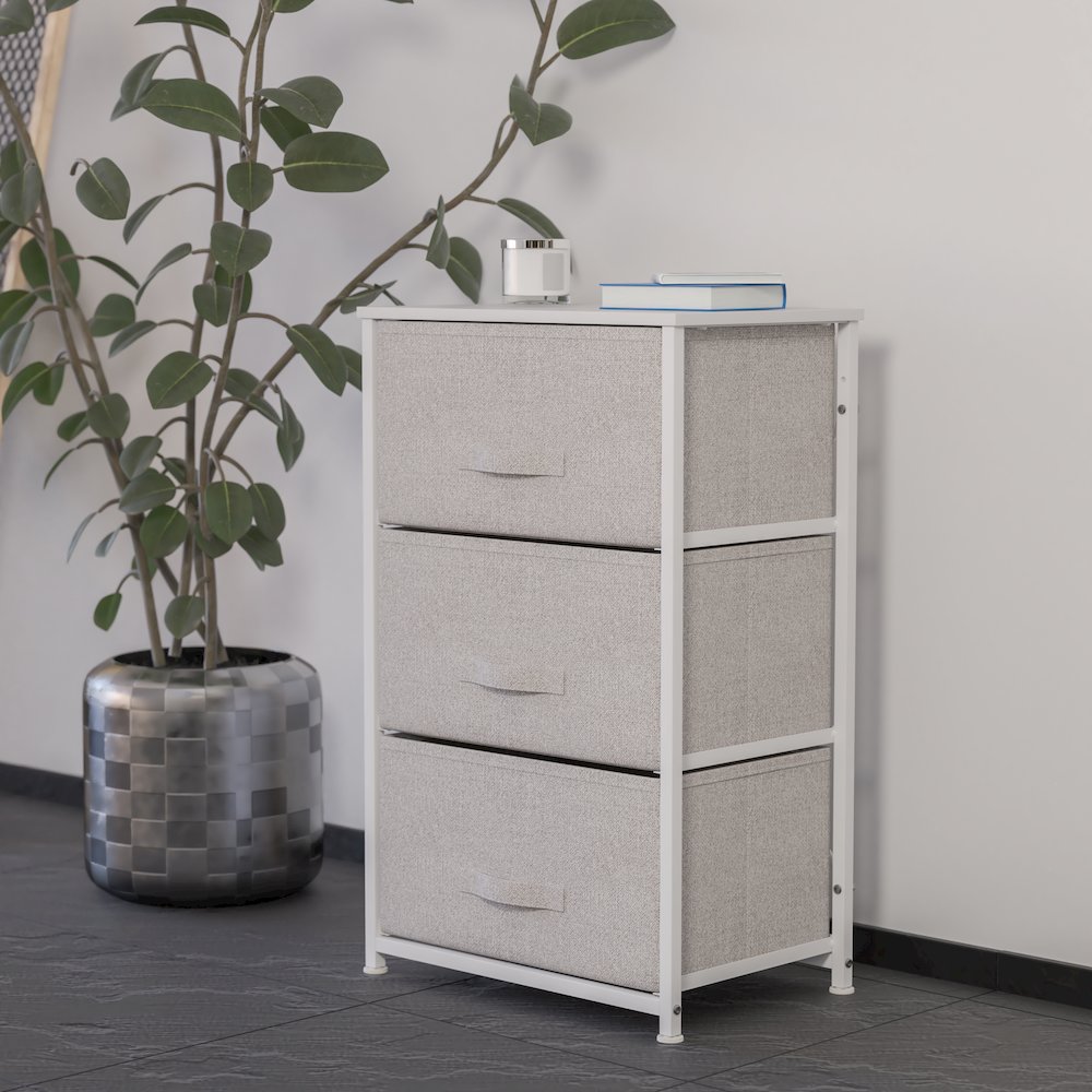 3 Drawer Wood Top WhiteFrame Vertical Storage Dresser with Light Gray Drawers. Picture 2