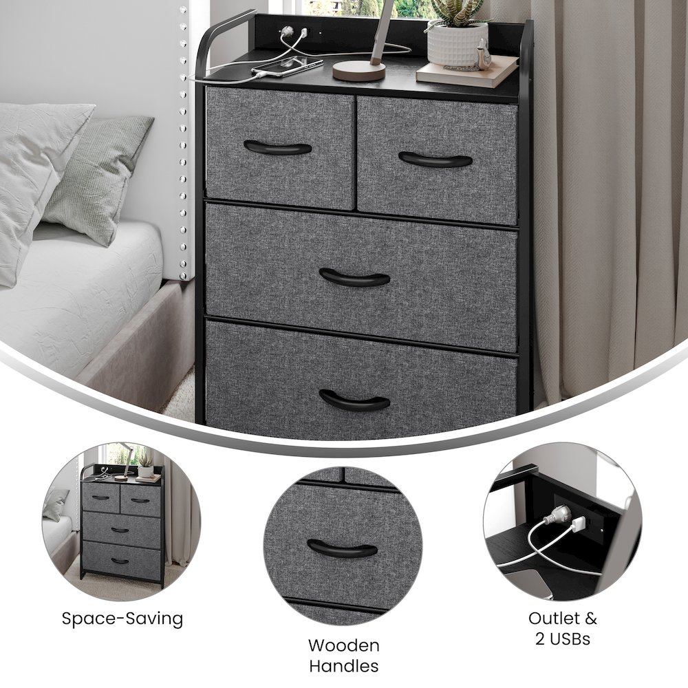 4 Drawer Nightstand with Charging Station, 2 USB Ports, Black Metal Frame. Picture 4