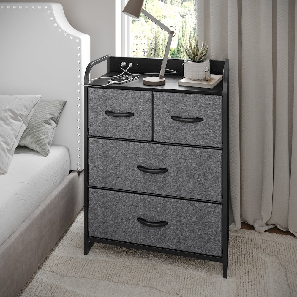 4 Drawer Nightstand with Charging Station, 2 USB Ports, Black Metal Frame. Picture 3