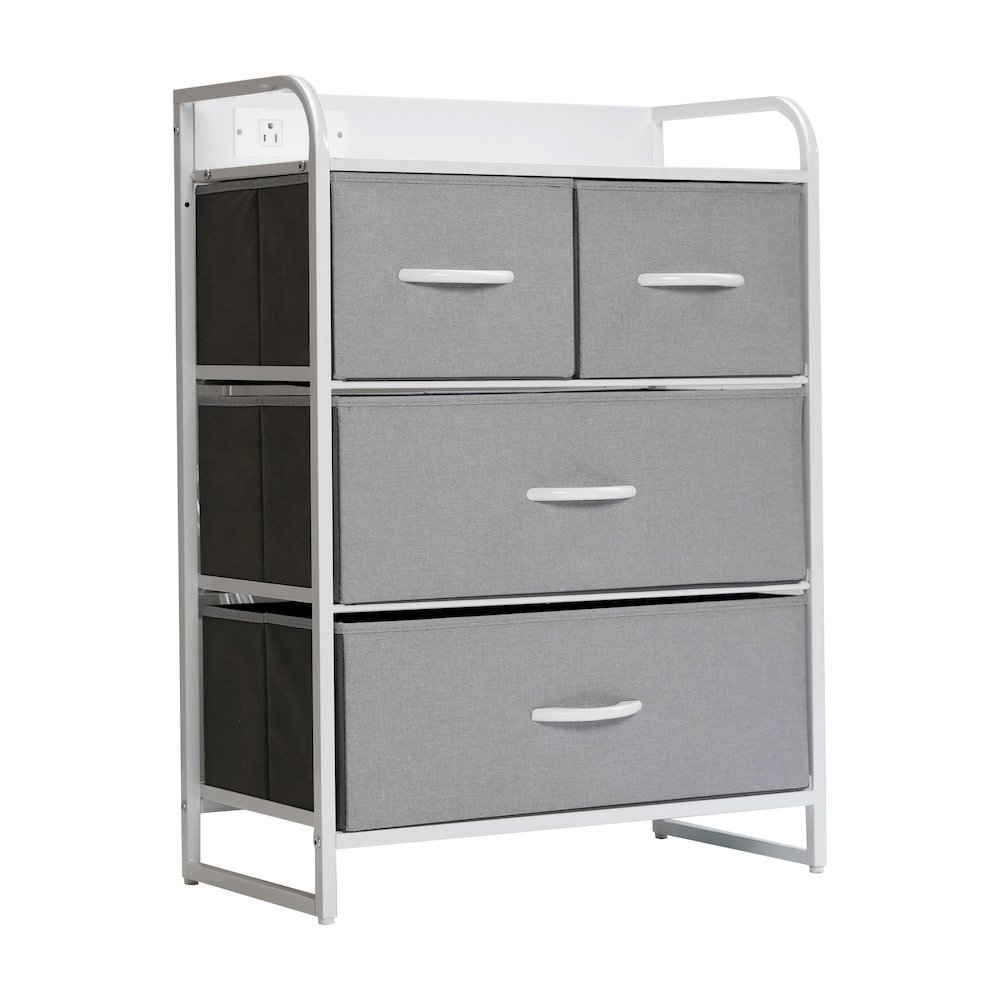 4 Drawer Nightstand with Charging Station, 2 USB Ports, White Metal Frame. Picture 1