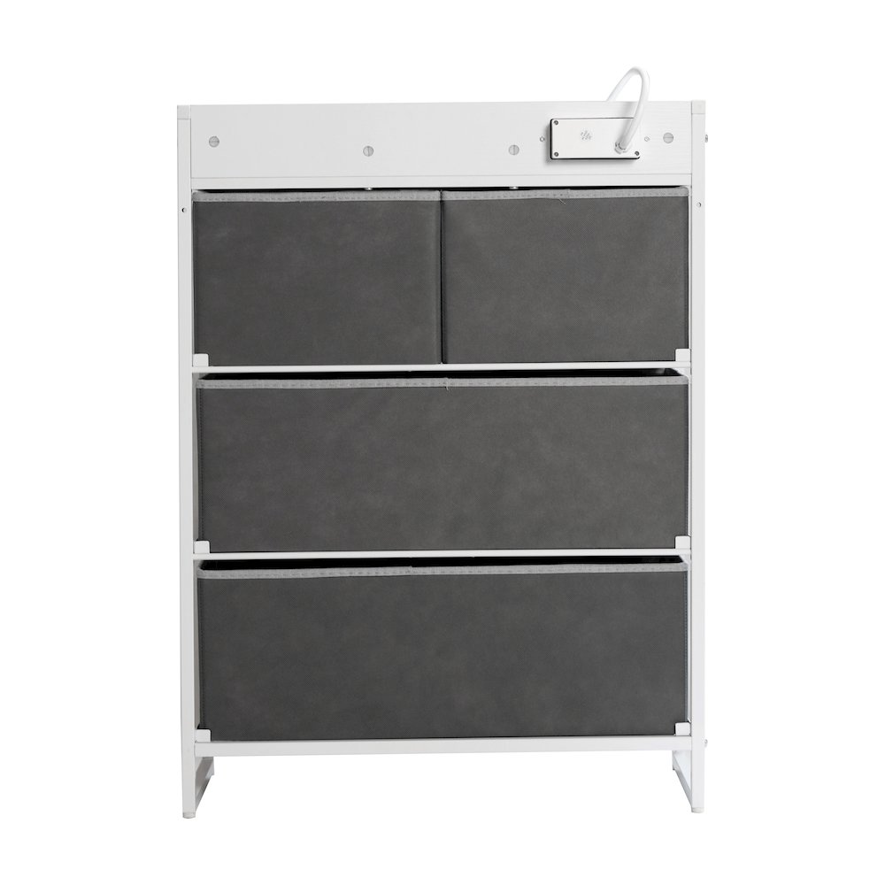 4 Drawer Nightstand with Charging Station, 2 USB Ports, White Metal Frame. Picture 7
