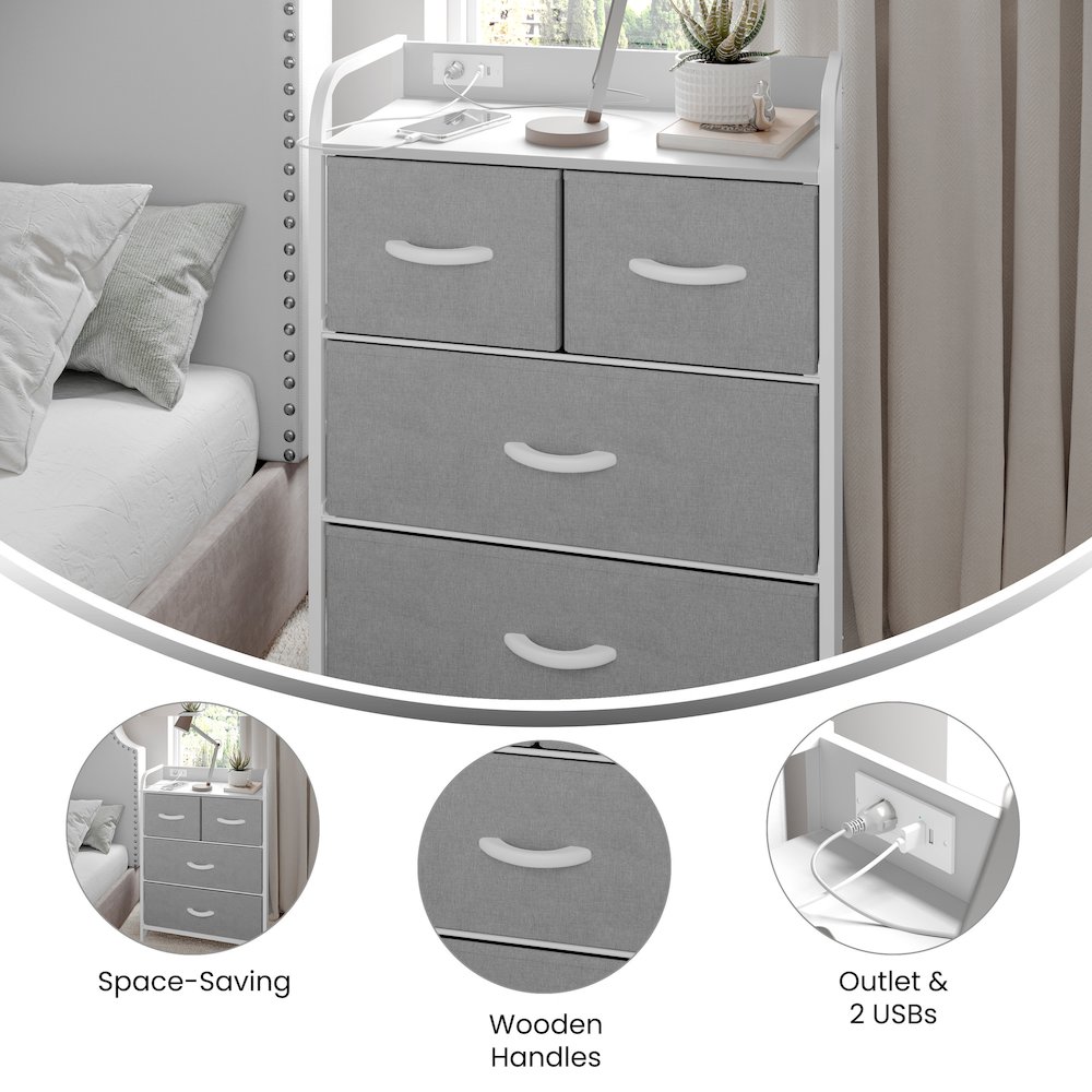 4 Drawer Nightstand with Charging Station, 2 USB Ports, White Metal Frame. Picture 4