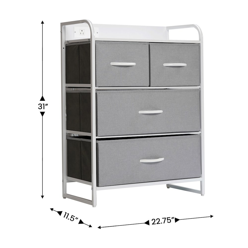 4 Drawer Nightstand with Charging Station, 2 USB Ports, White Metal Frame. Picture 5