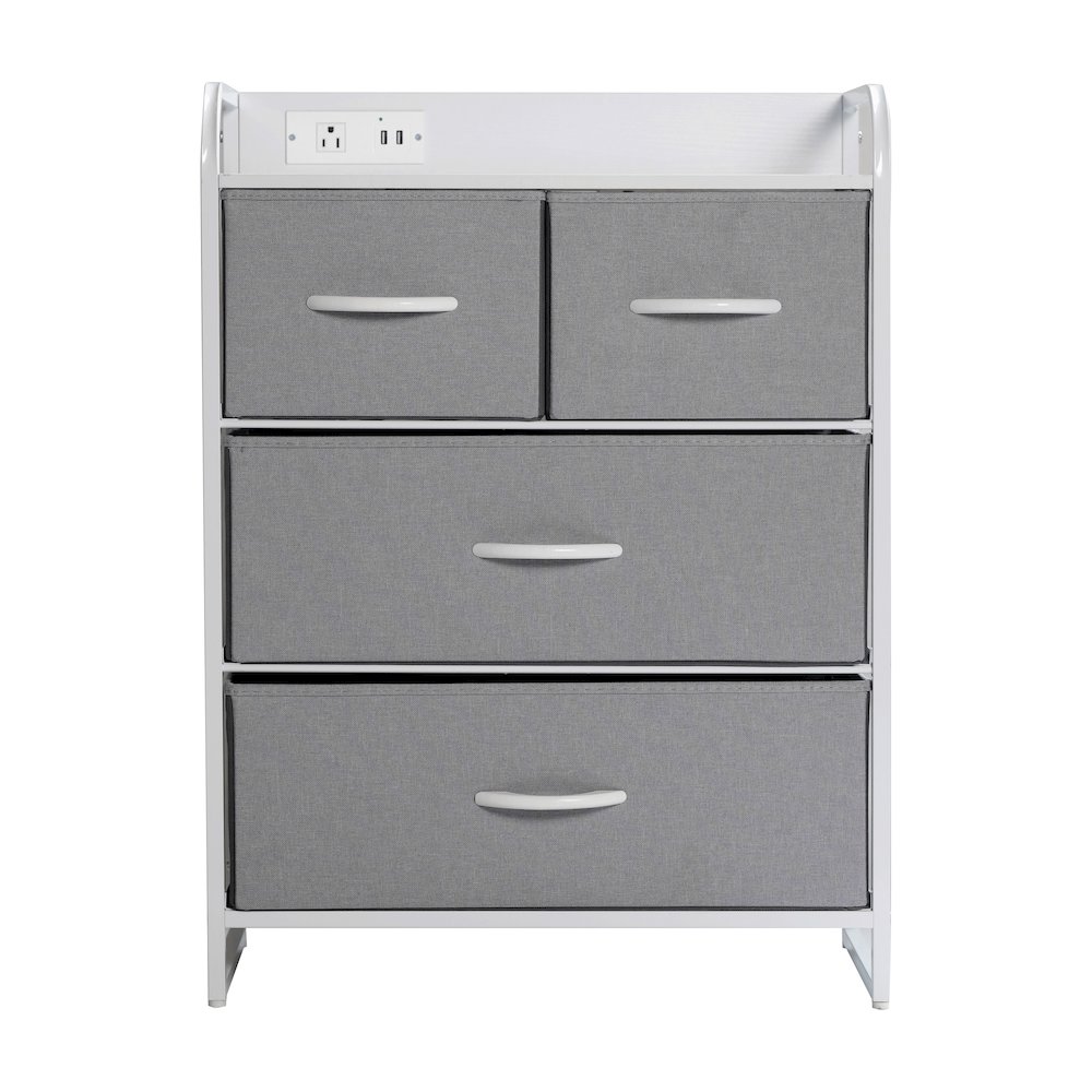 4 Drawer Nightstand with Charging Station, 2 USB Ports, White Metal Frame. Picture 10