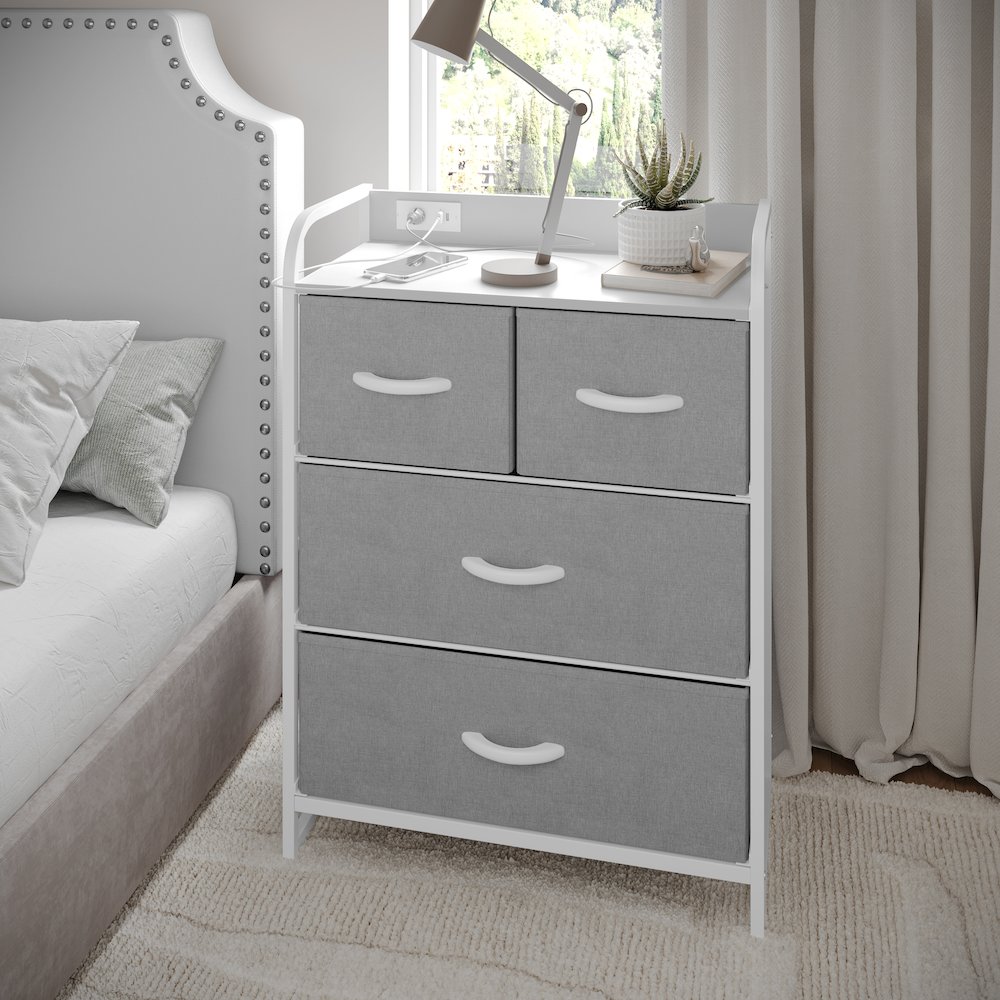 4 Drawer Nightstand with Charging Station, 2 USB Ports, White Metal Frame. Picture 3