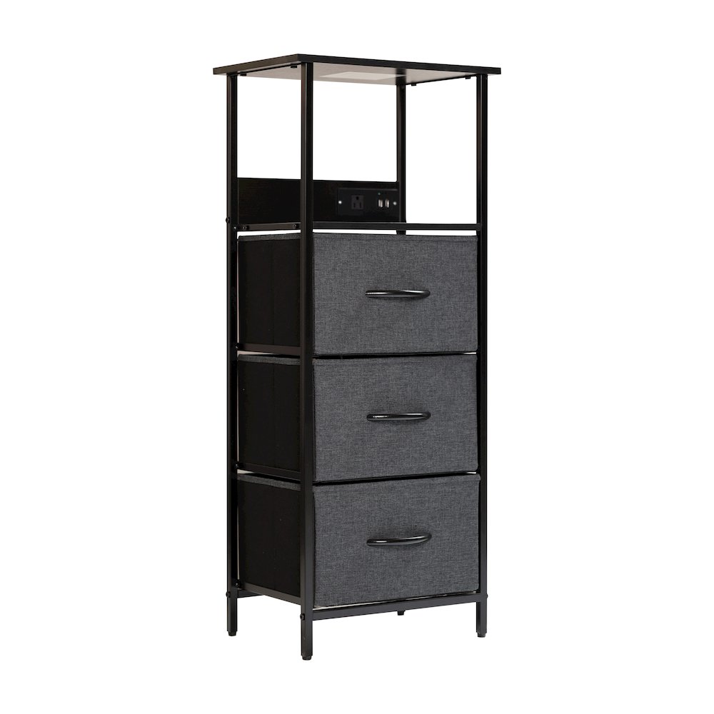 3 Drawer Nightstand with Charging Station, 2 USB Ports, Black Metal Frame. Picture 1
