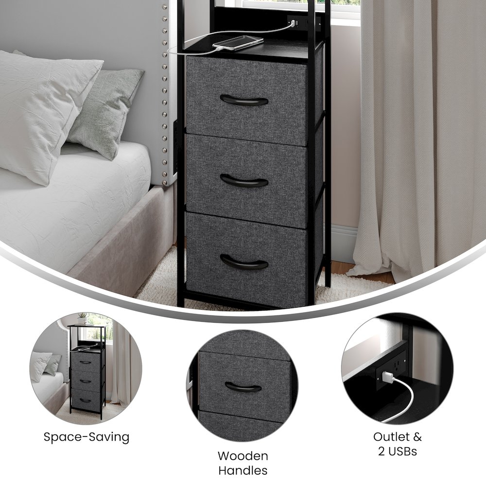 3 Drawer Nightstand with Charging Station, 2 USB Ports, Black Metal Frame. Picture 4