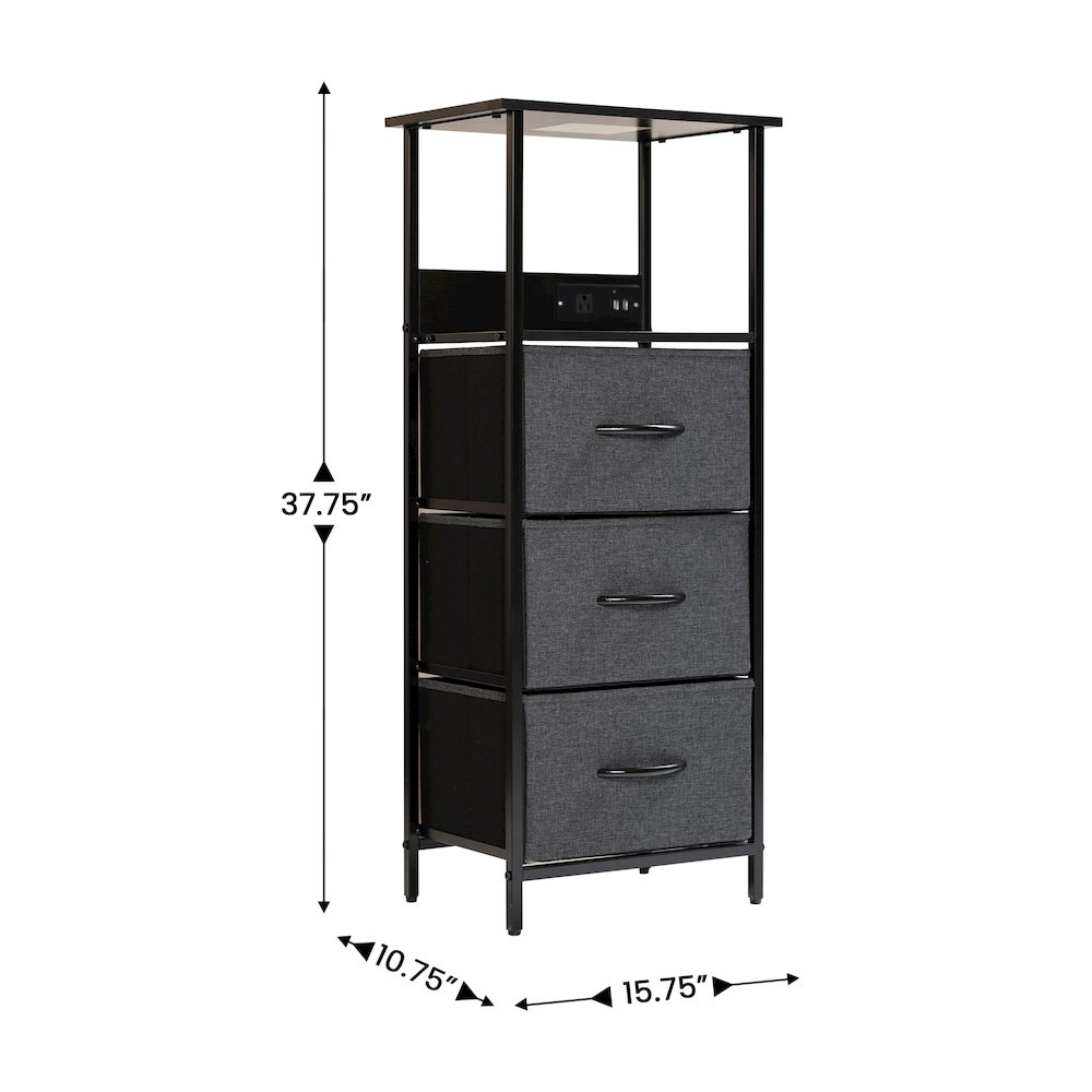 3 Drawer Nightstand with Charging Station, 2 USB Ports, Black Metal Frame. Picture 5