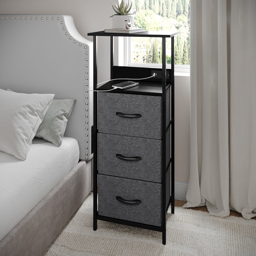 3 Drawer Nightstand with Charging Station, 2 USB Ports, Black Metal Frame. Picture 3