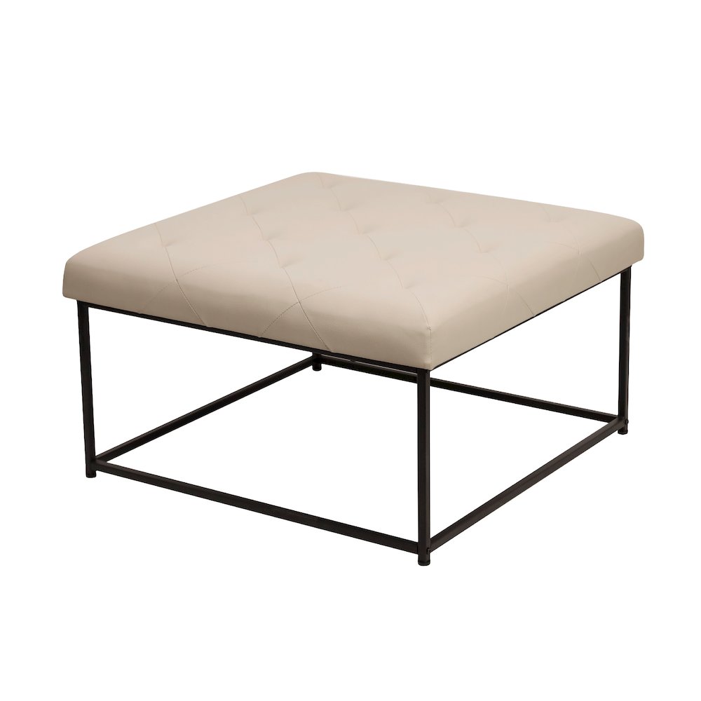 30" Square LeatherSoft Tufted Ottoman, Metal Frame,Beige LeatherSoft/Black Frame. Picture 1