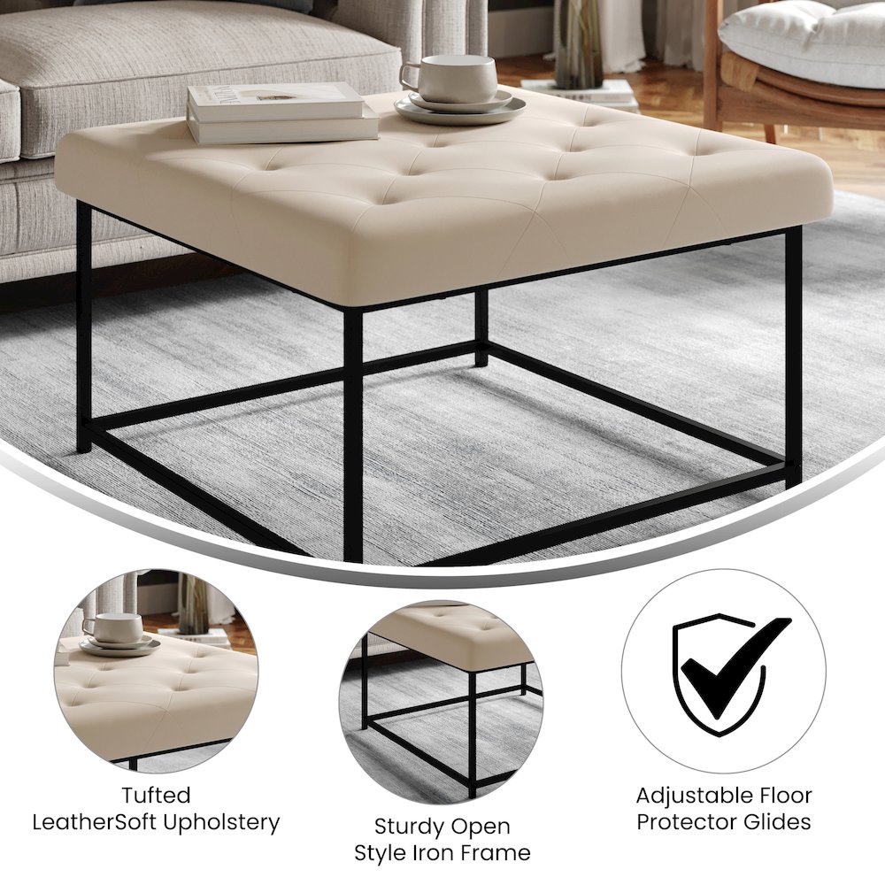 30" Square LeatherSoft Tufted Ottoman, Metal Frame,Beige LeatherSoft/Black Frame. Picture 4