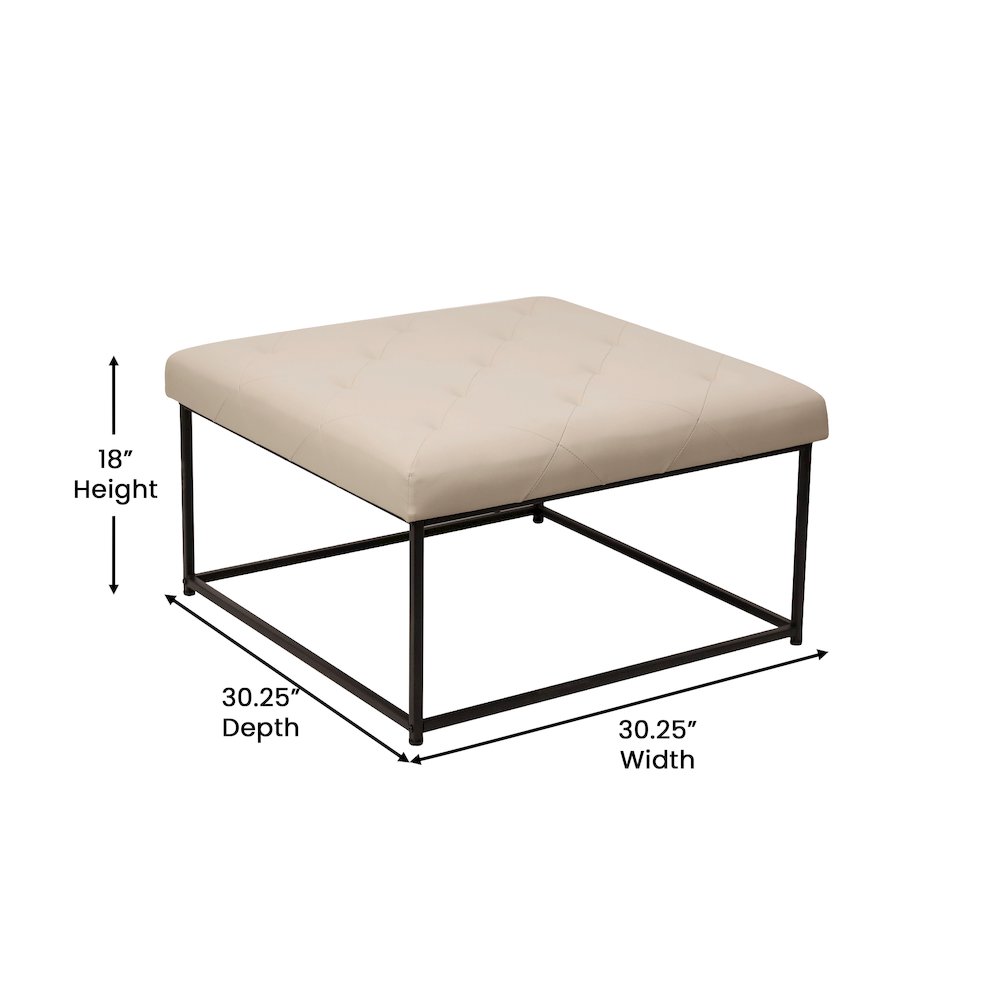 30" Square LeatherSoft Tufted Ottoman, Metal Frame,Beige LeatherSoft/Black Frame. Picture 5