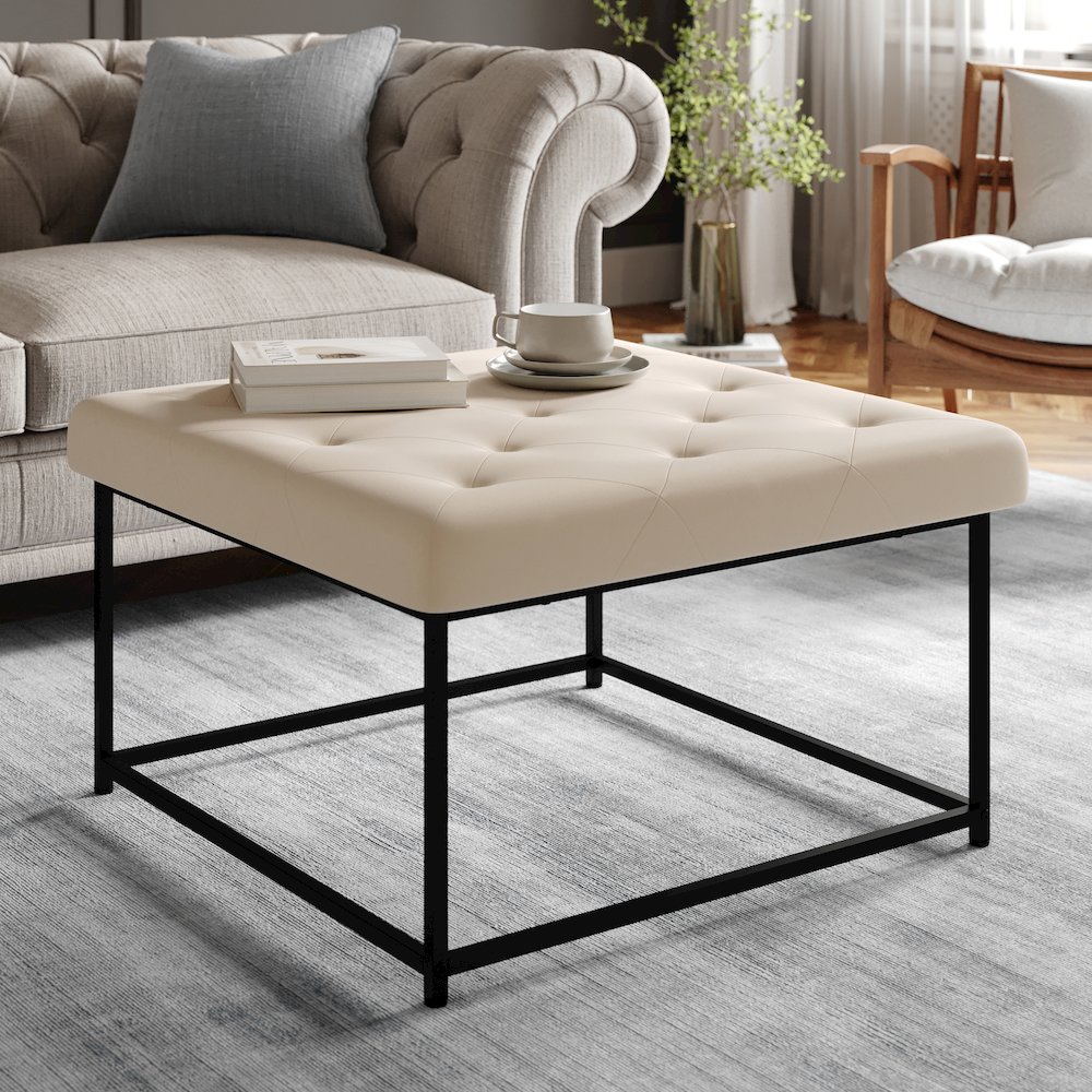 30" Square LeatherSoft Tufted Ottoman, Metal Frame,Beige LeatherSoft/Black Frame. Picture 3