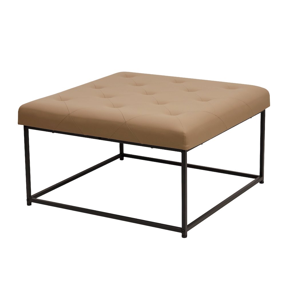 30" Square LeatherSoft Tufted Ottoman, Metal Frame, Light Brown LeatherSoft. Picture 1