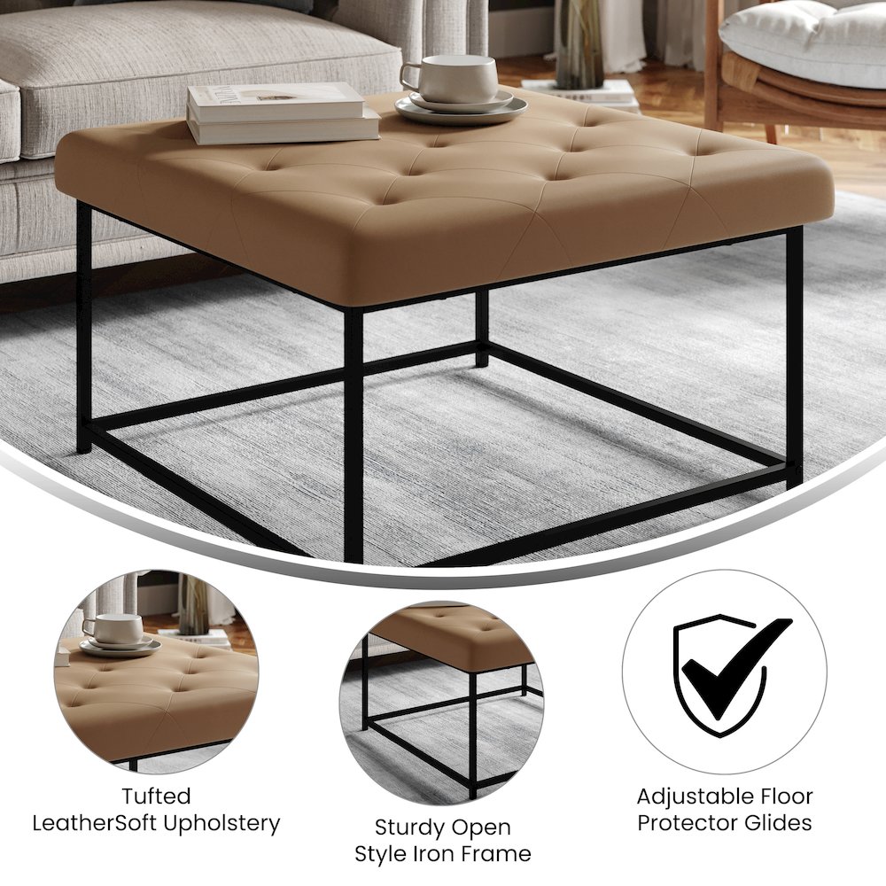 30" Square LeatherSoft Tufted Ottoman, Metal Frame, Light Brown LeatherSoft. Picture 4