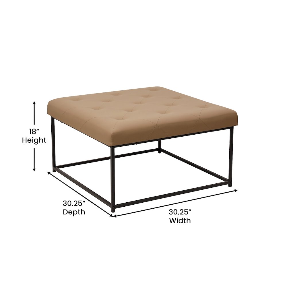 30" Square LeatherSoft Tufted Ottoman, Metal Frame, Light Brown LeatherSoft. Picture 5