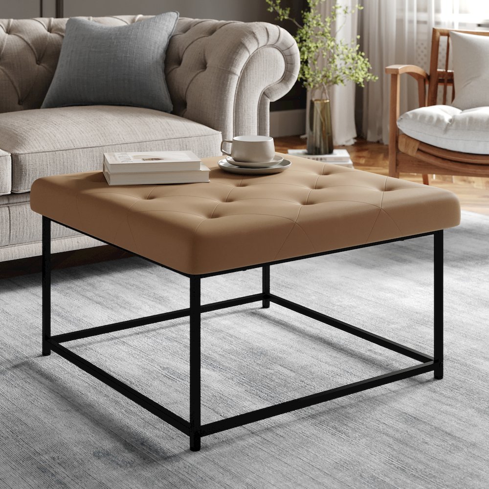 30" Square LeatherSoft Tufted Ottoman, Metal Frame, Light Brown LeatherSoft. Picture 3