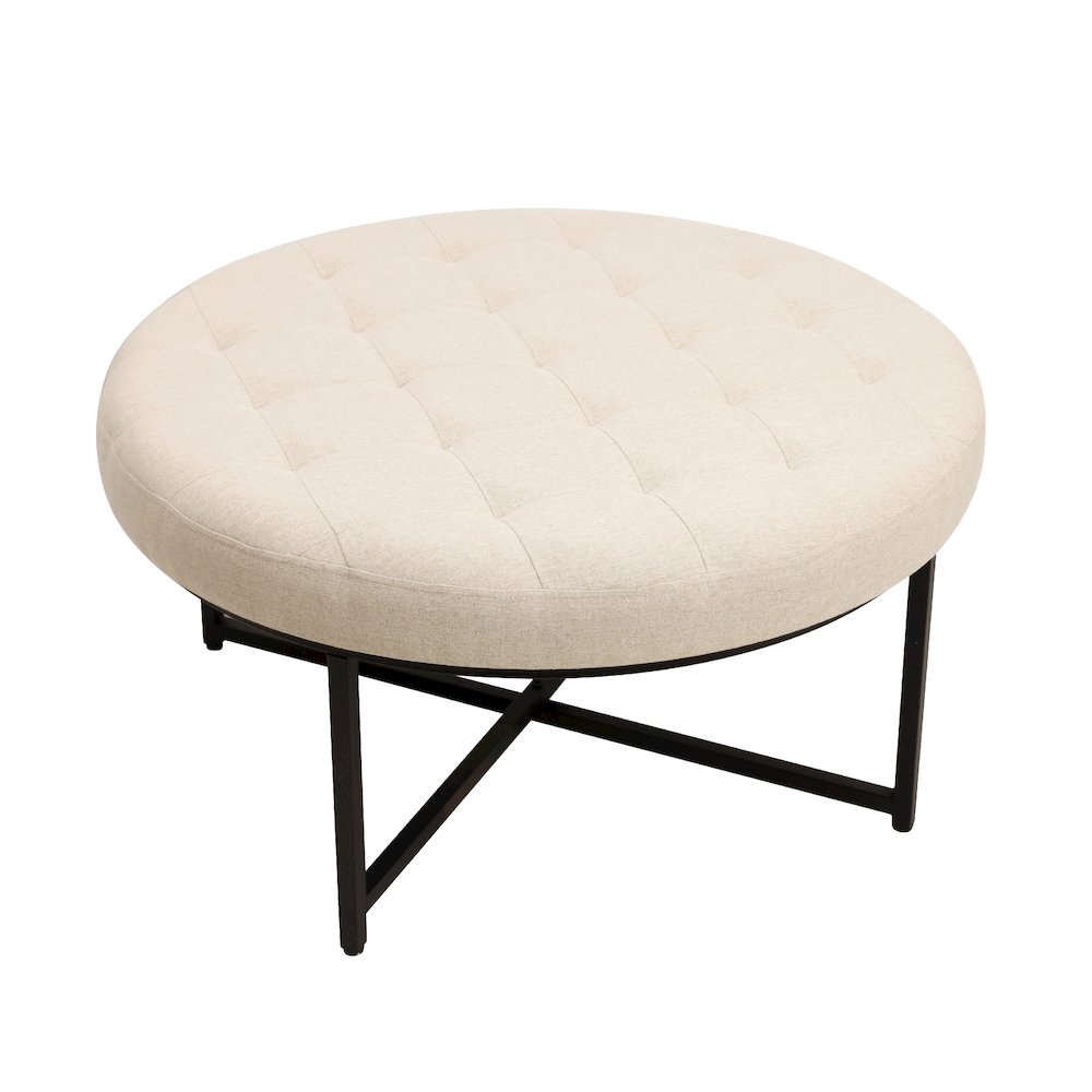 34" Round Cotton Linen Tufted Ottoman, Metal Frame, Beige Cotton Linen. Picture 1