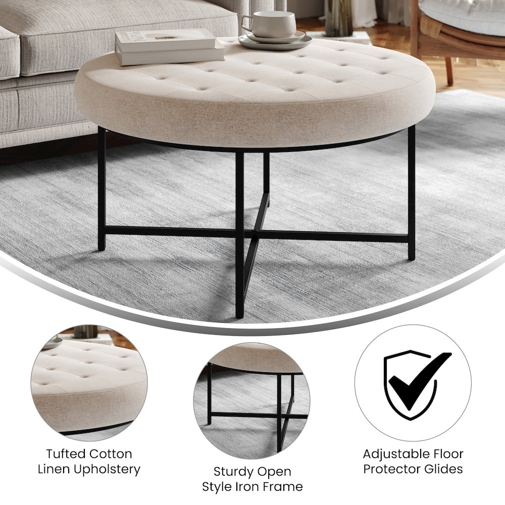 34" Round Cotton Linen Tufted Ottoman, Metal Frame, Beige Cotton Linen. Picture 4