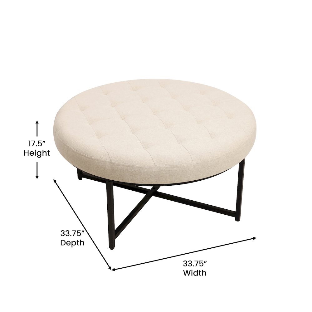 34" Round Cotton Linen Tufted Ottoman, Metal Frame, Beige Cotton Linen. Picture 5