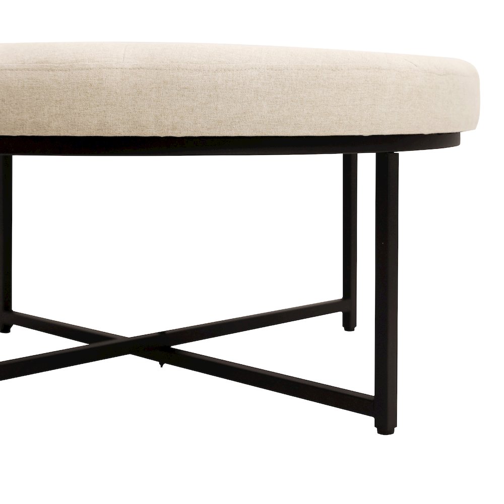34" Round Cotton Linen Tufted Ottoman, Metal Frame, Beige Cotton Linen. Picture 6