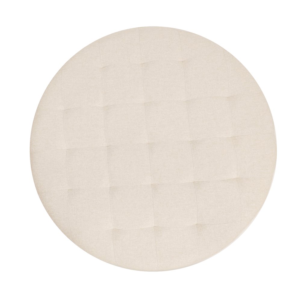 34" Round Cotton Linen Tufted Ottoman, Metal Frame, Beige Cotton Linen. Picture 9