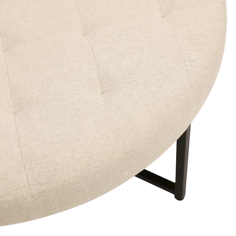 34" Round Cotton Linen Tufted Ottoman, Metal Frame, Beige Cotton Linen. Picture 10