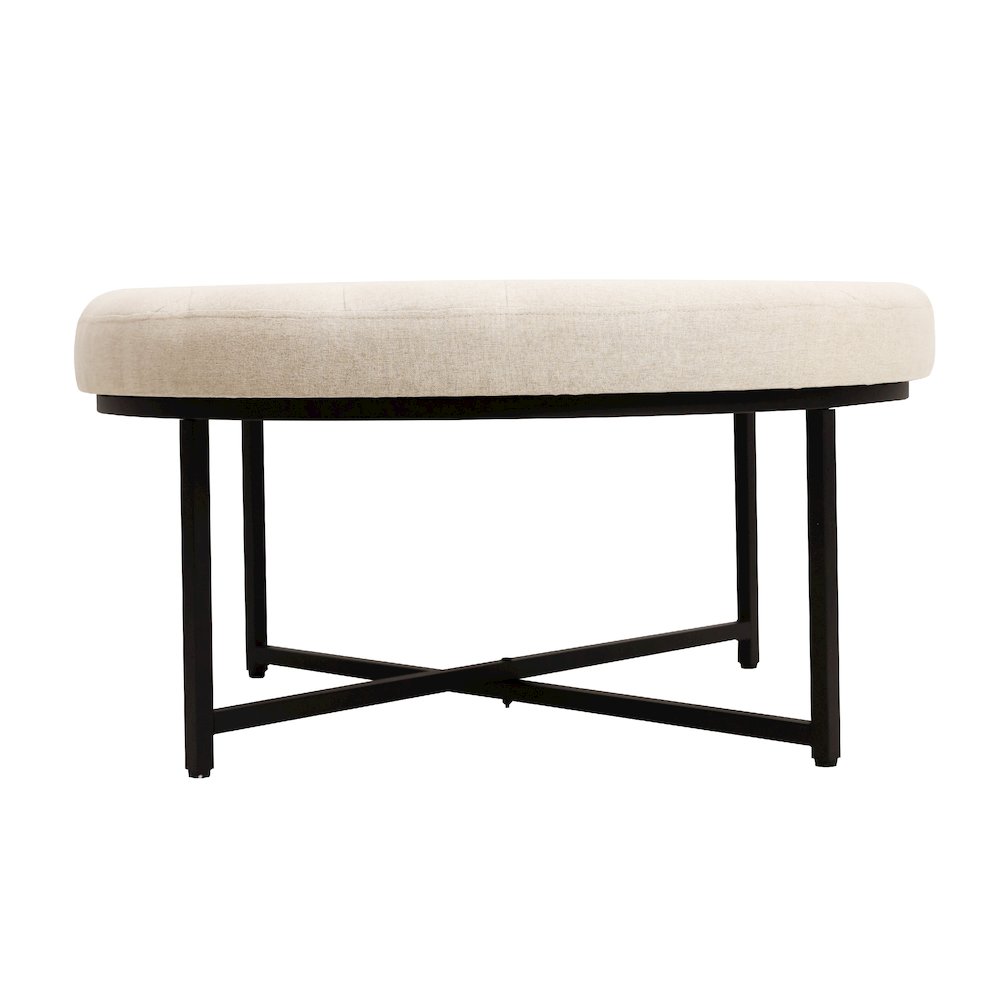 34" Round Cotton Linen Tufted Ottoman, Metal Frame, Beige Cotton Linen. Picture 8