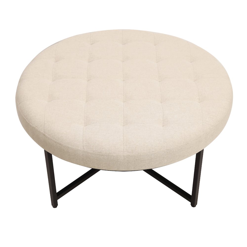 34" Round Cotton Linen Tufted Ottoman, Metal Frame, Beige Cotton Linen. Picture 7
