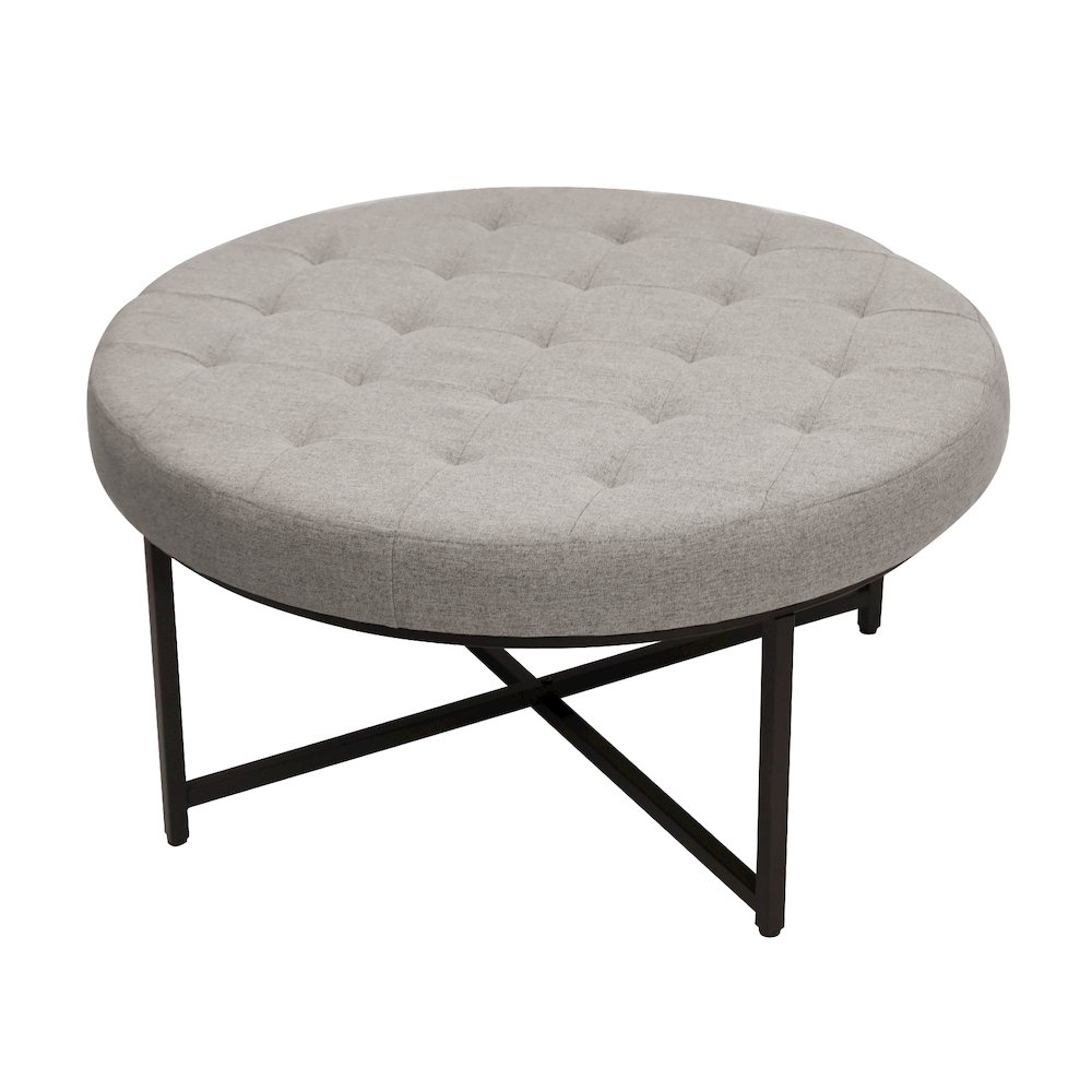 34" Round Cotton Linen Tufted Ottoman with Metal Frame, Gray Cotton Linen. Picture 1