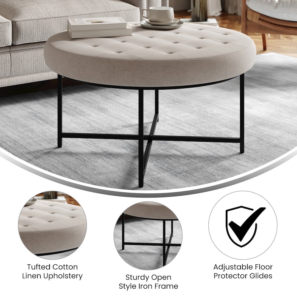34" Round Cotton Linen Tufted Ottoman with Metal Frame, Gray Cotton Linen. Picture 4