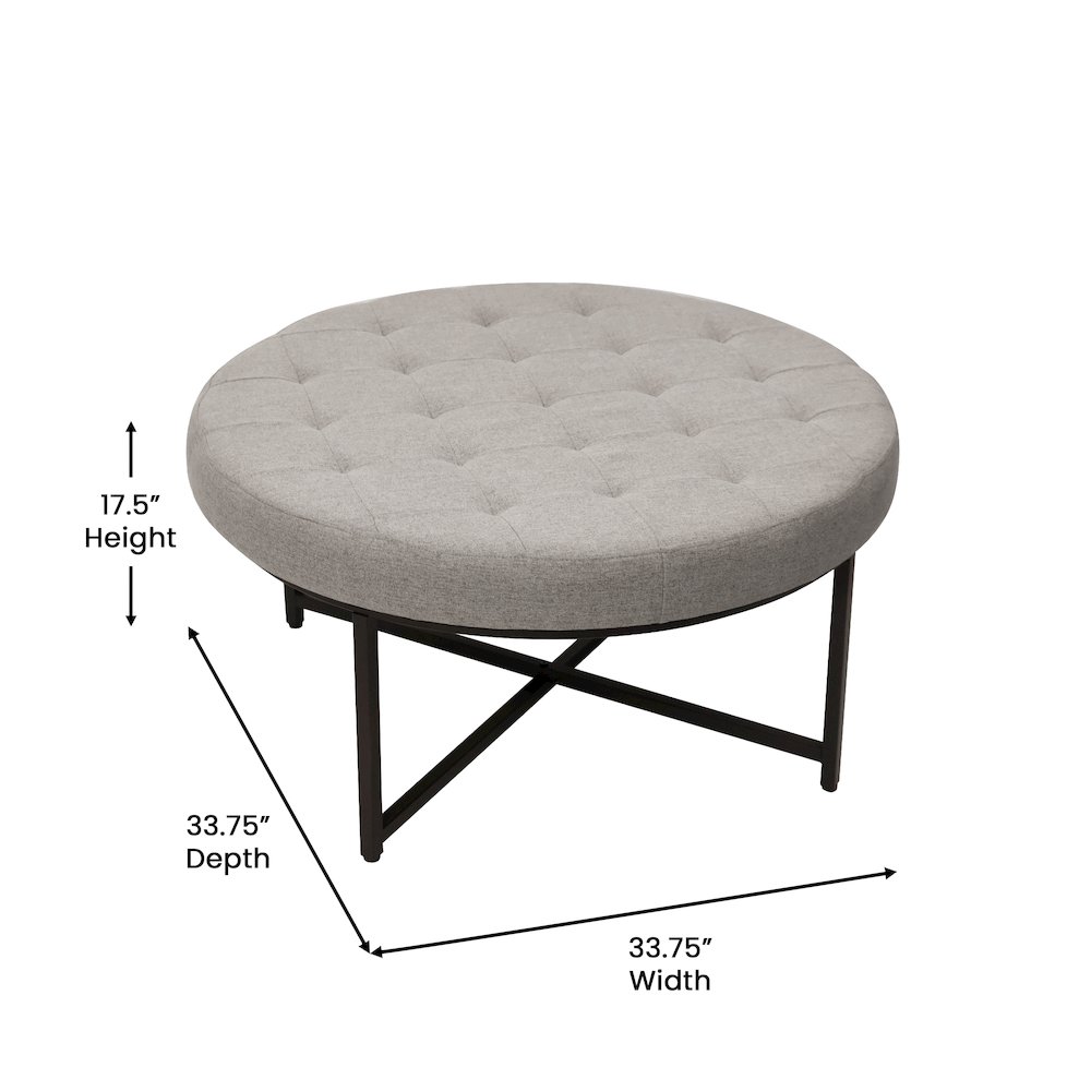 34" Round Cotton Linen Tufted Ottoman with Metal Frame, Gray Cotton Linen. Picture 5