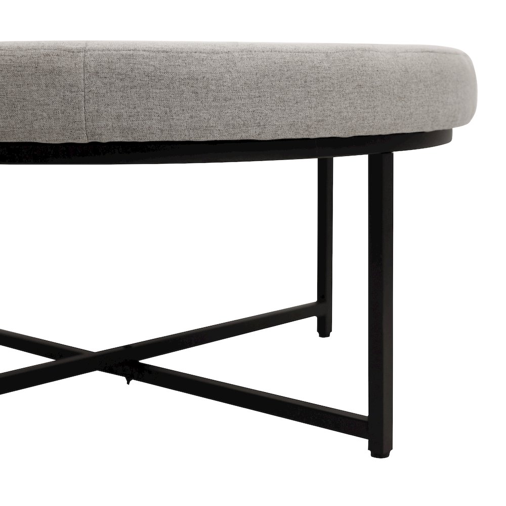 34" Round Cotton Linen Tufted Ottoman with Metal Frame, Gray Cotton Linen. Picture 6