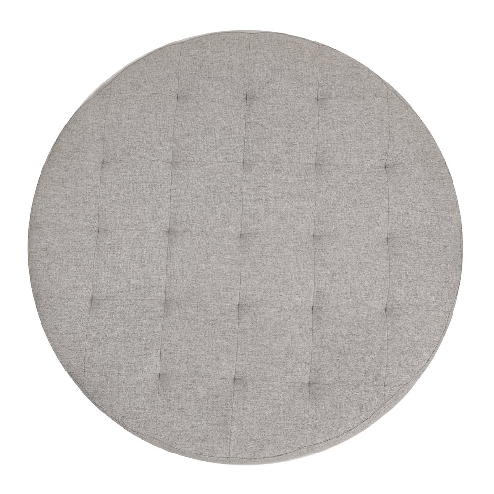 34" Round Cotton Linen Tufted Ottoman with Metal Frame, Gray Cotton Linen. Picture 9