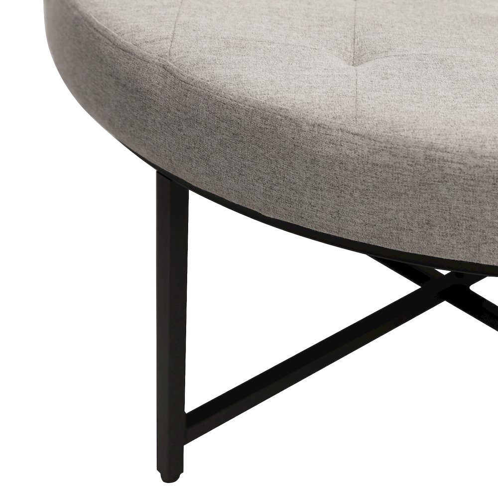 34" Round Cotton Linen Tufted Ottoman with Metal Frame, Gray Cotton Linen. Picture 10