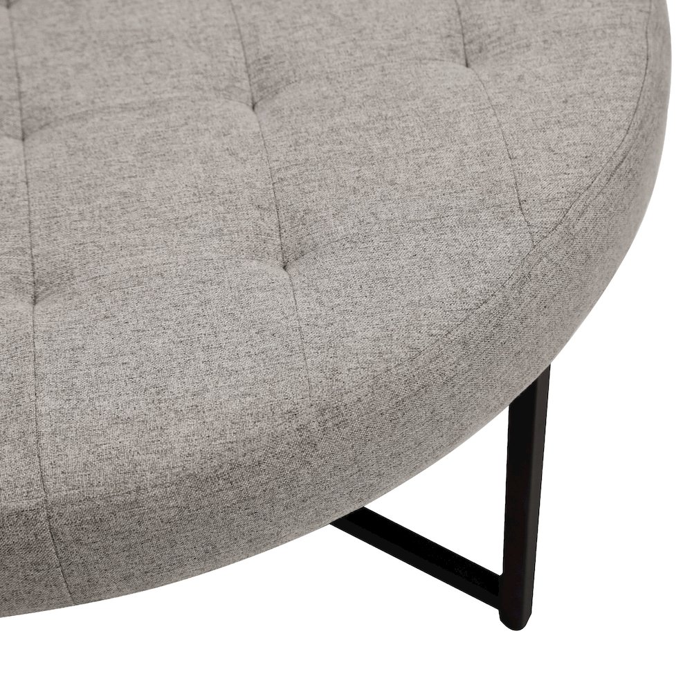 34" Round Cotton Linen Tufted Ottoman with Metal Frame, Gray Cotton Linen. Picture 13