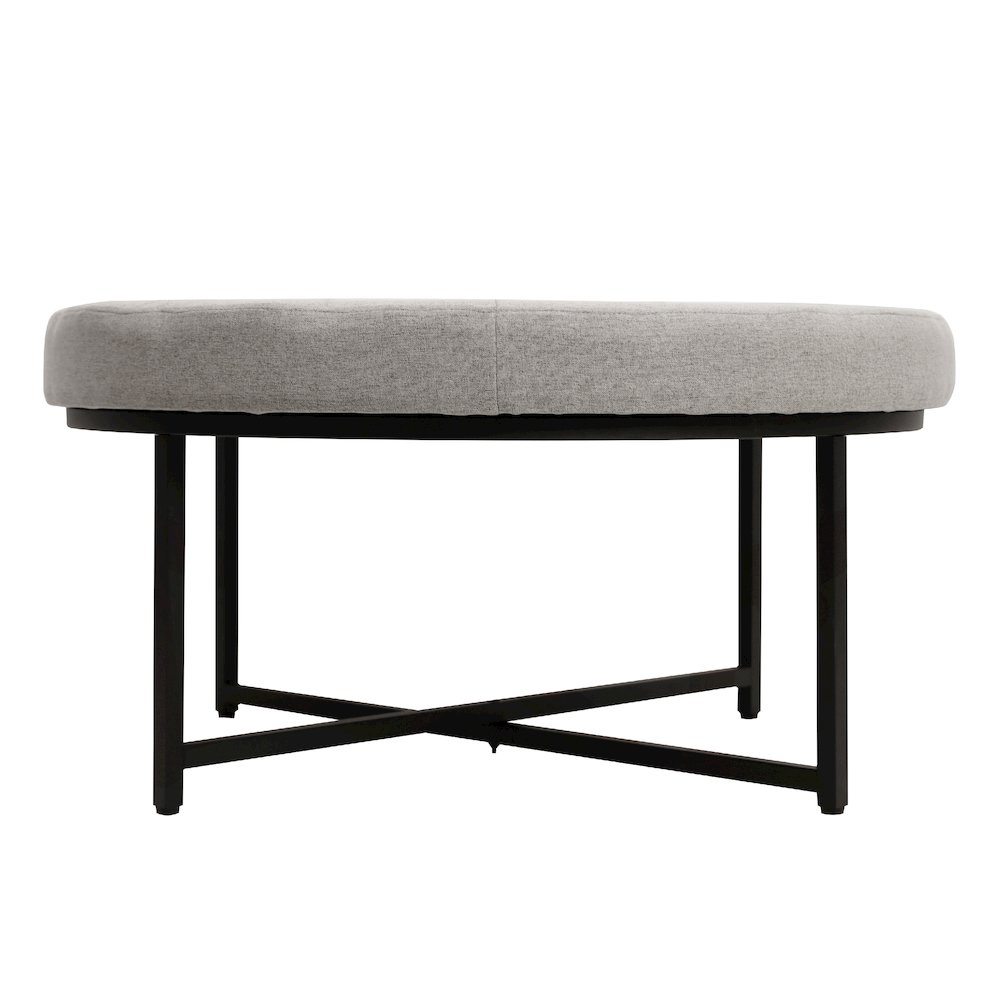 34" Round Cotton Linen Tufted Ottoman with Metal Frame, Gray Cotton Linen. Picture 8