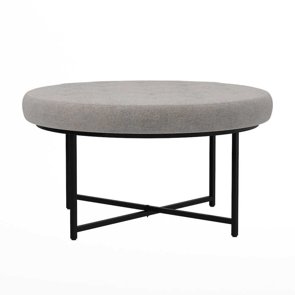 34" Round Cotton Linen Tufted Ottoman with Metal Frame, Gray Cotton Linen. Picture 7