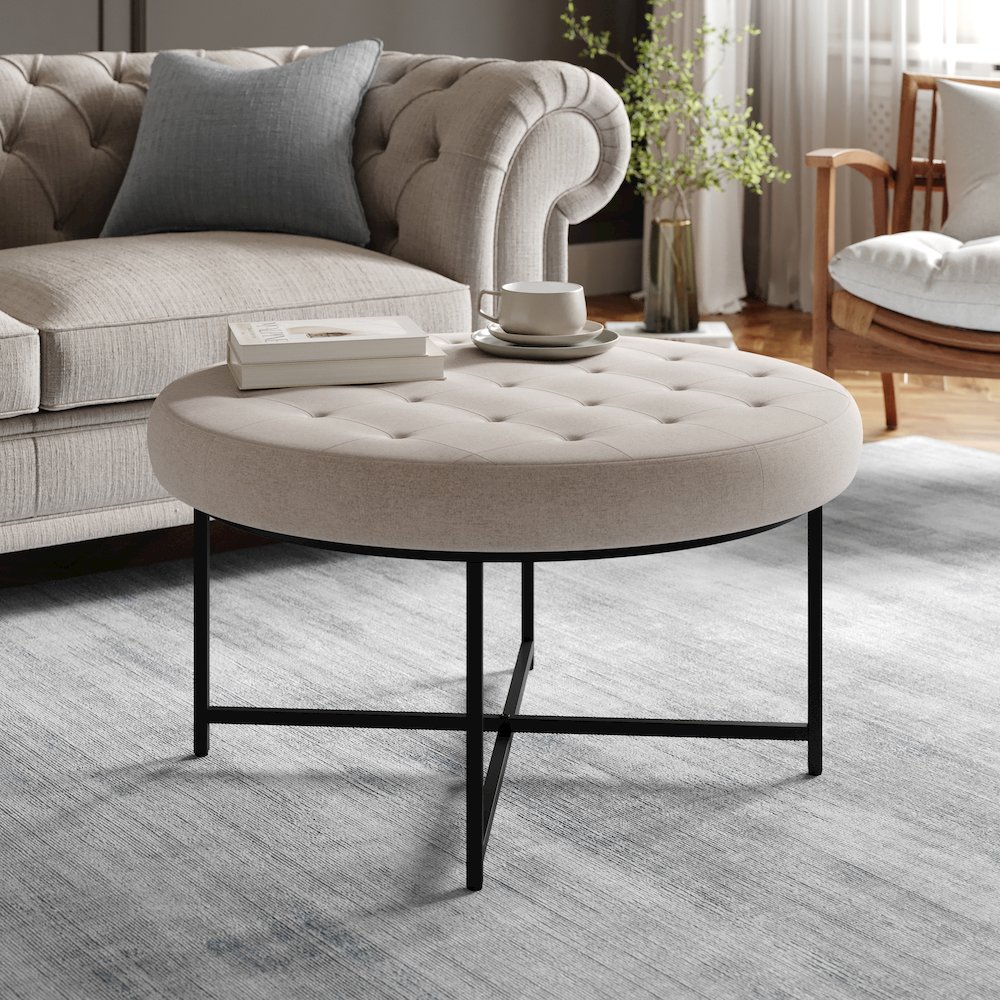 34" Round Cotton Linen Tufted Ottoman with Metal Frame, Gray Cotton Linen. Picture 3