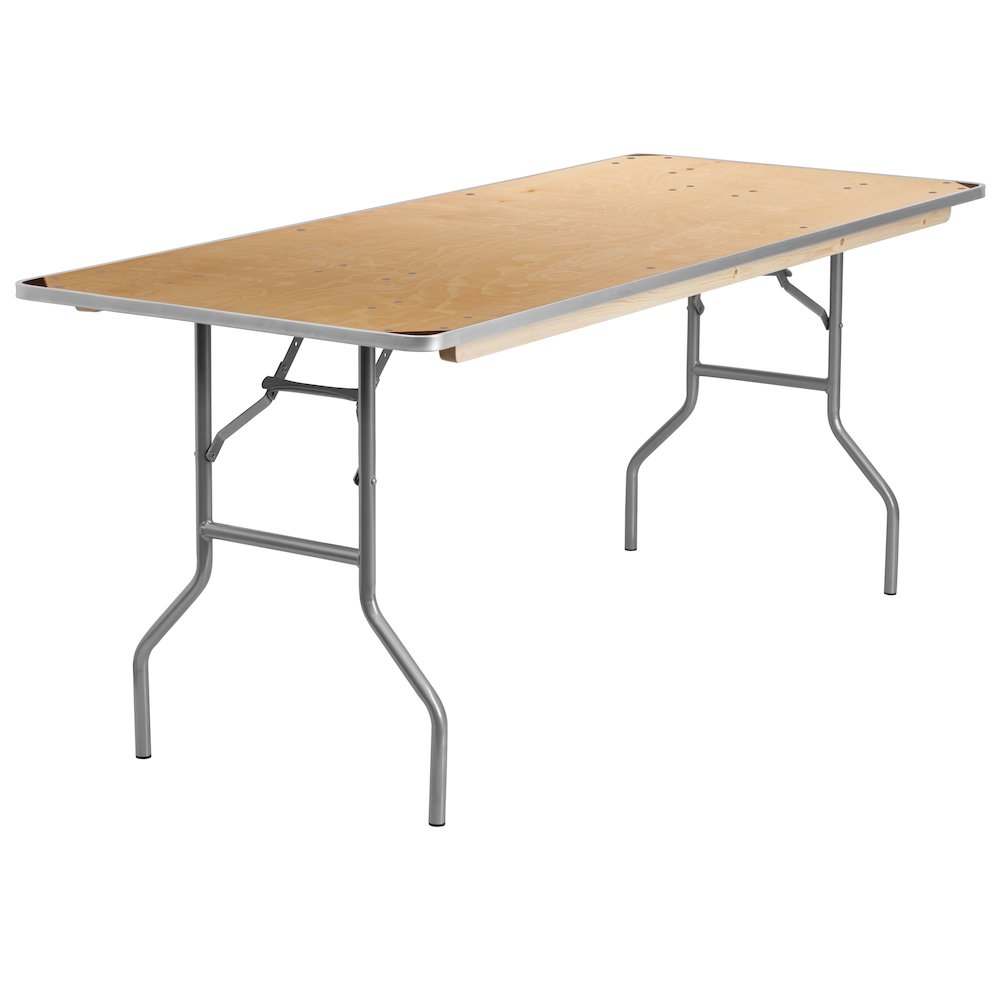 6-Foot Rectangular HEAVY DUTY Birchwood Folding Banquet Table with METAL Edges and Protective Corner Guards. Picture 1