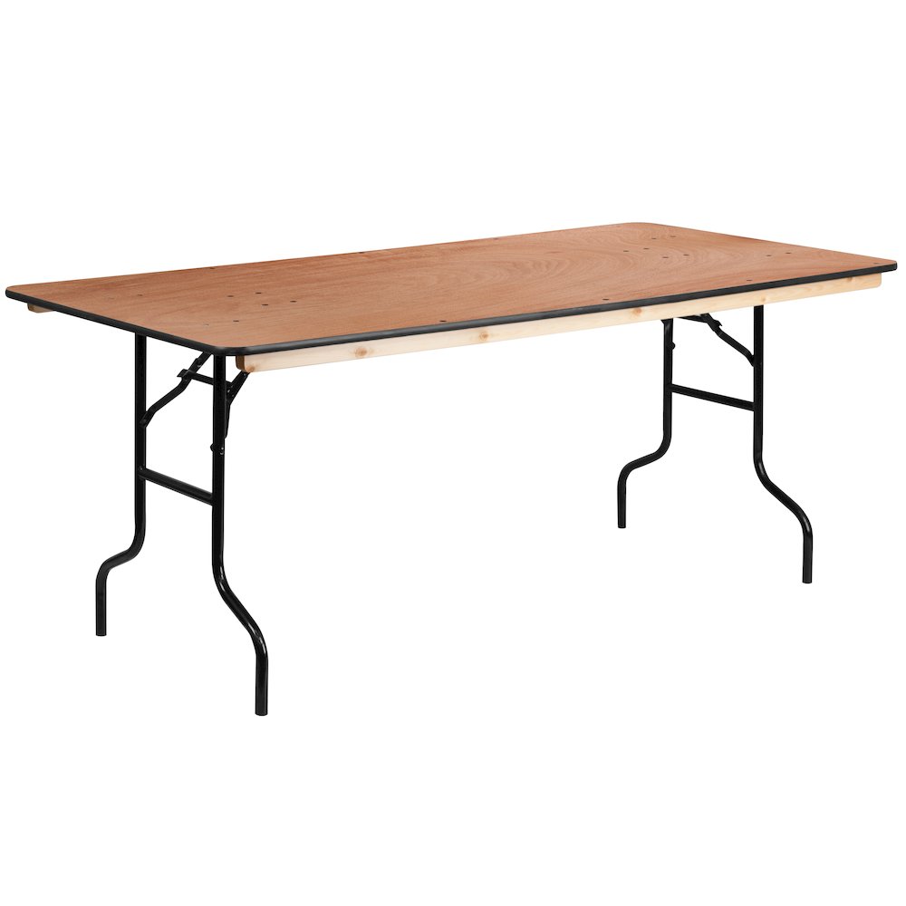 6-Foot Rectangular Wood Folding Banquet Table with Clear Coated Finished Top. Picture 1