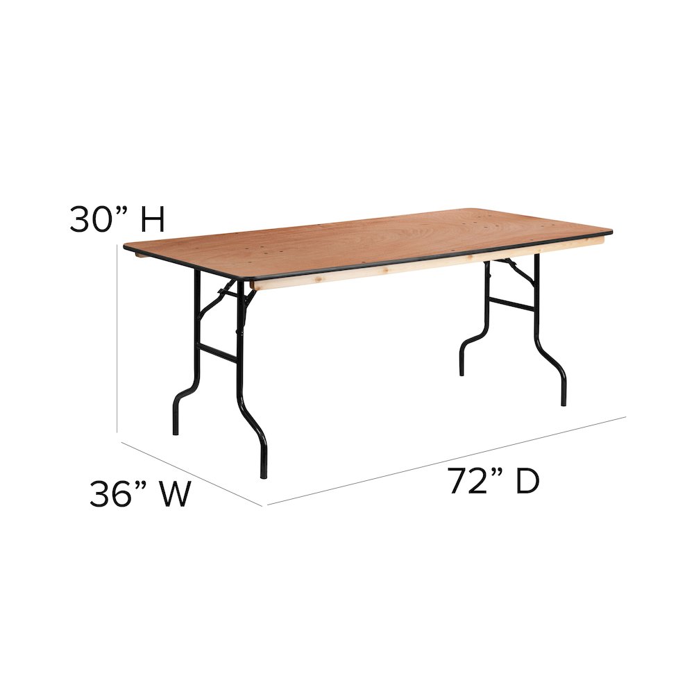 6-Foot Rectangular Wood Folding Banquet Table with Clear Coated Finished Top. Picture 7