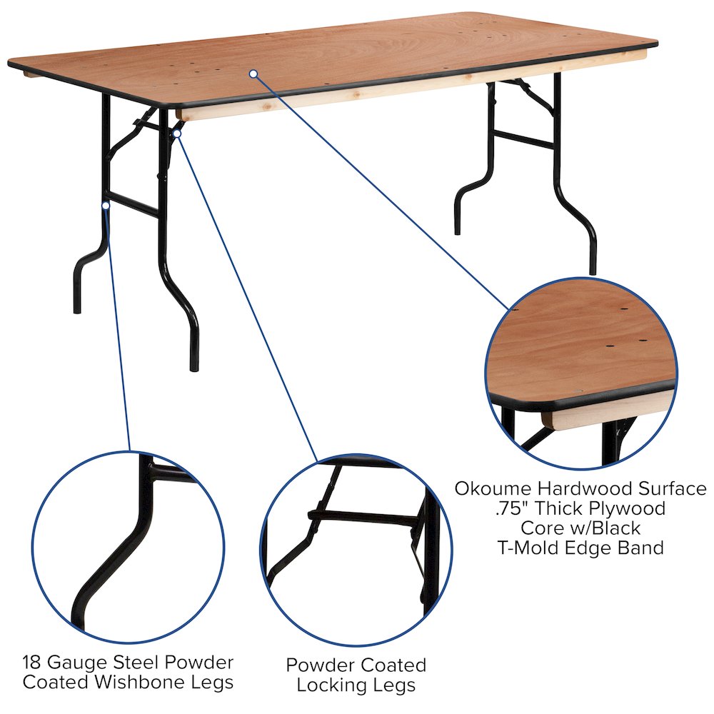 6-Foot Rectangular Wood Folding Banquet Table with Clear Coated Finished Top. Picture 6