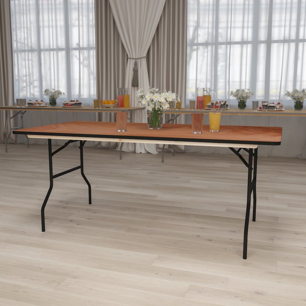 6-Foot Rectangular Wood Folding Banquet Table with Clear Coated Finished Top. Picture 2